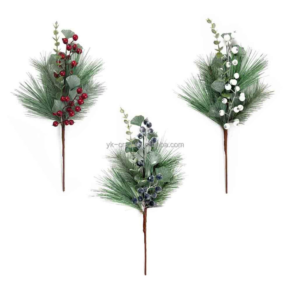 Wholesale Christmas Blue Red White Berry Branches Artificial Floral Green Leaves Pick Pine Needle Xmas Tree Decor Pick