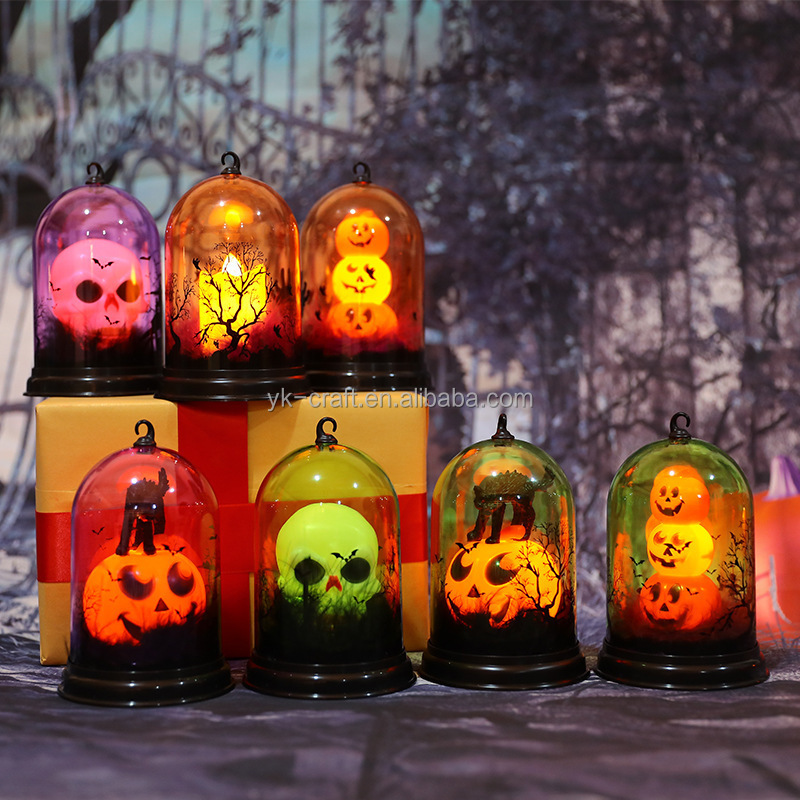 Wholesale Halloween Bell Jar Lamp Decoration Scary Halloween Bell Jar With Led Lights Pumpkin Skullshape Cat Candle Lantern