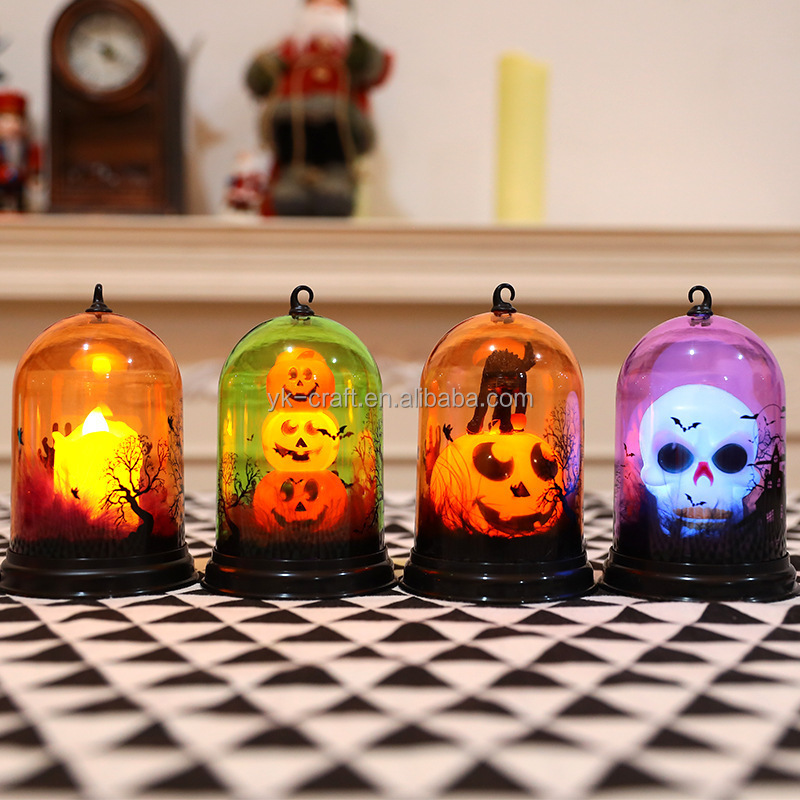 Wholesale Halloween Bell Jar Lamp Decoration Scary Halloween Bell Jar With Led Lights Pumpkin Skullshape Cat Candle Lantern