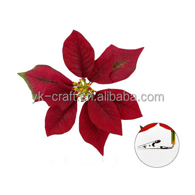 New Arrival Christmas Flowers Clips Red Poinsettia Flower Clip Xmas Tree Decor Artificial Silk Flowers Clip Ornament