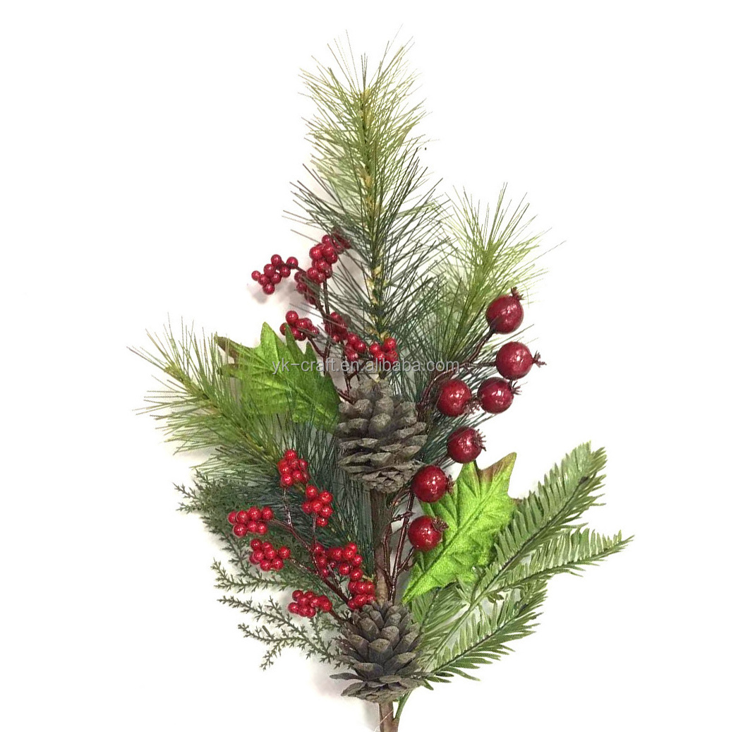 Hot selling Handmade Christmas Pinecone Branch Artificial Pine Needle Greenery Leaf Pick Plastic Floral Red Berry Branches