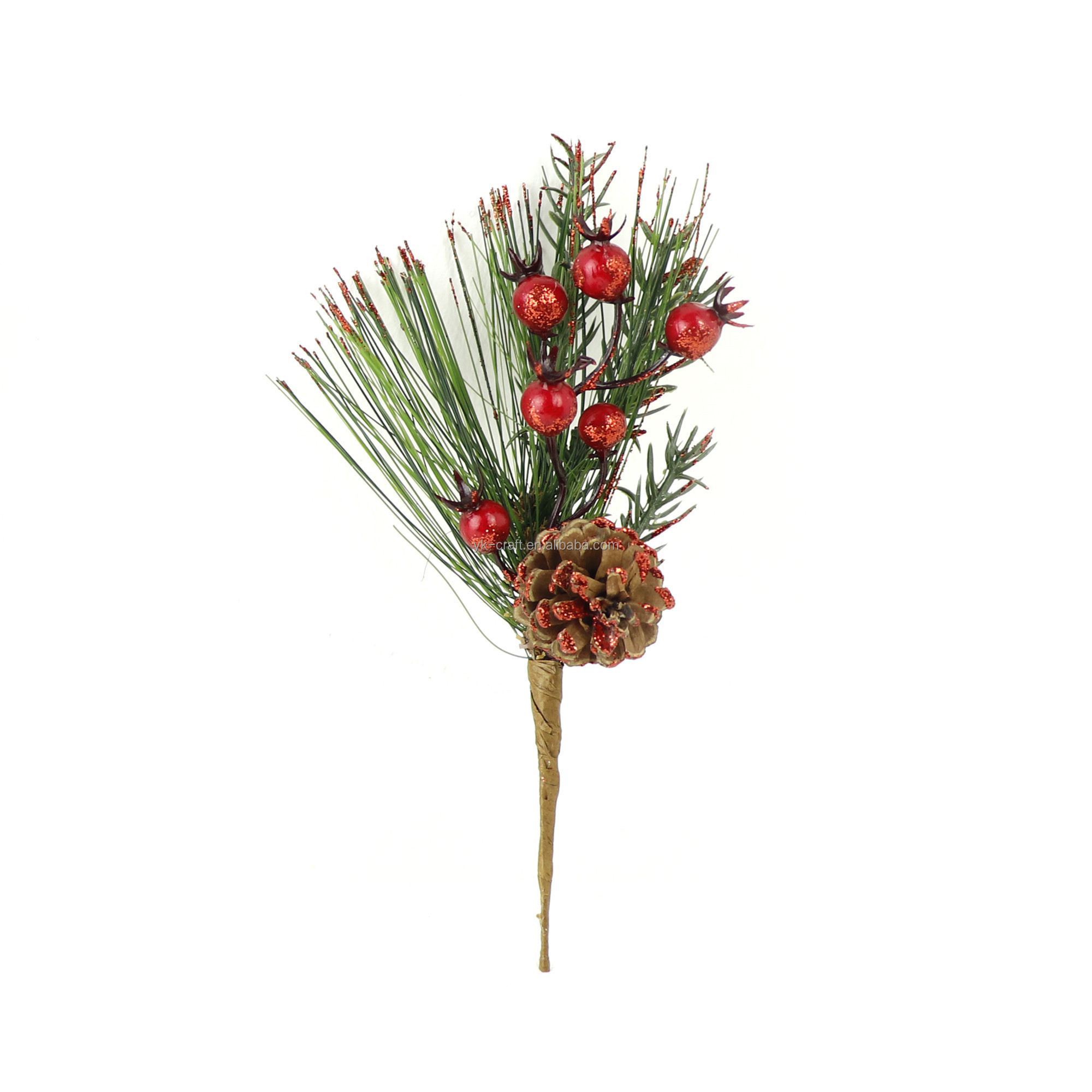 Christmas Natural Pine Cone Branch Red Berry Pine Needle Pick Spray Glitter Artificial Floral Branch Pick Decoration