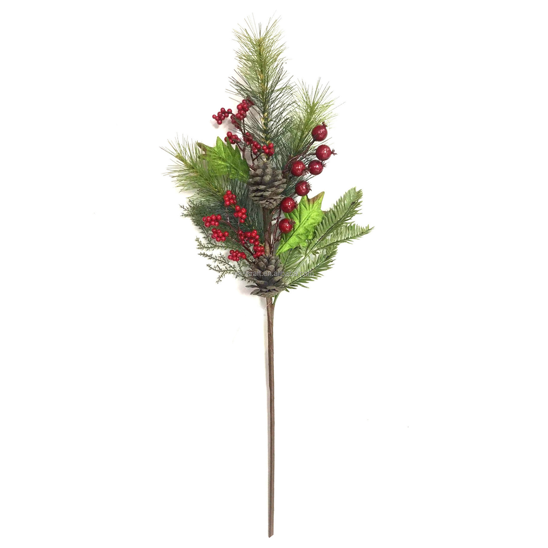 Hot selling Handmade Christmas Pinecone Branch Artificial Pine Needle Greenery Leaf Pick Plastic Floral Red Berry Branches