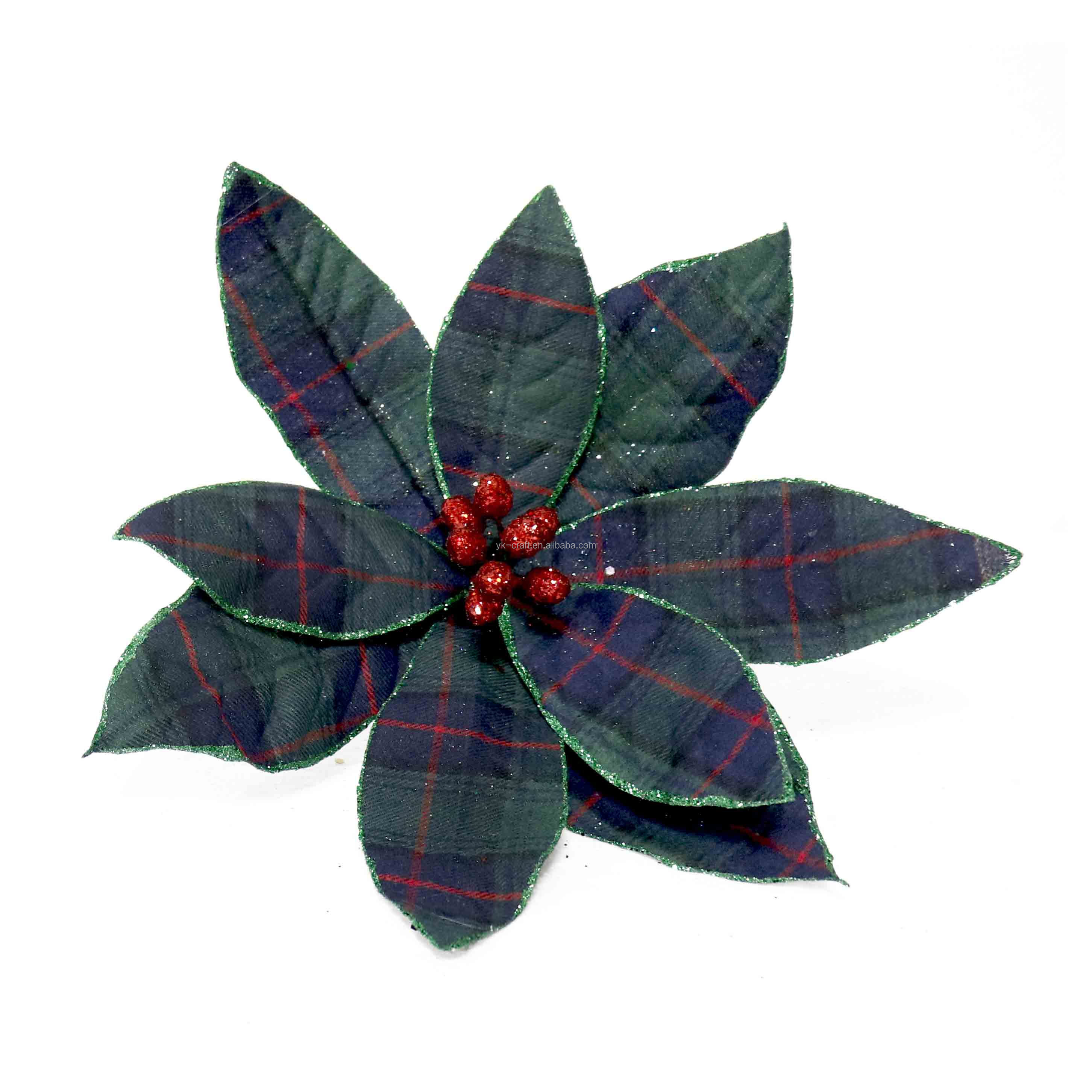 Christmas Tree Ornament Flower Clips Plaids Fabric Flowers Clip Decor Poinsettia Flowers Clip Spray Glitter