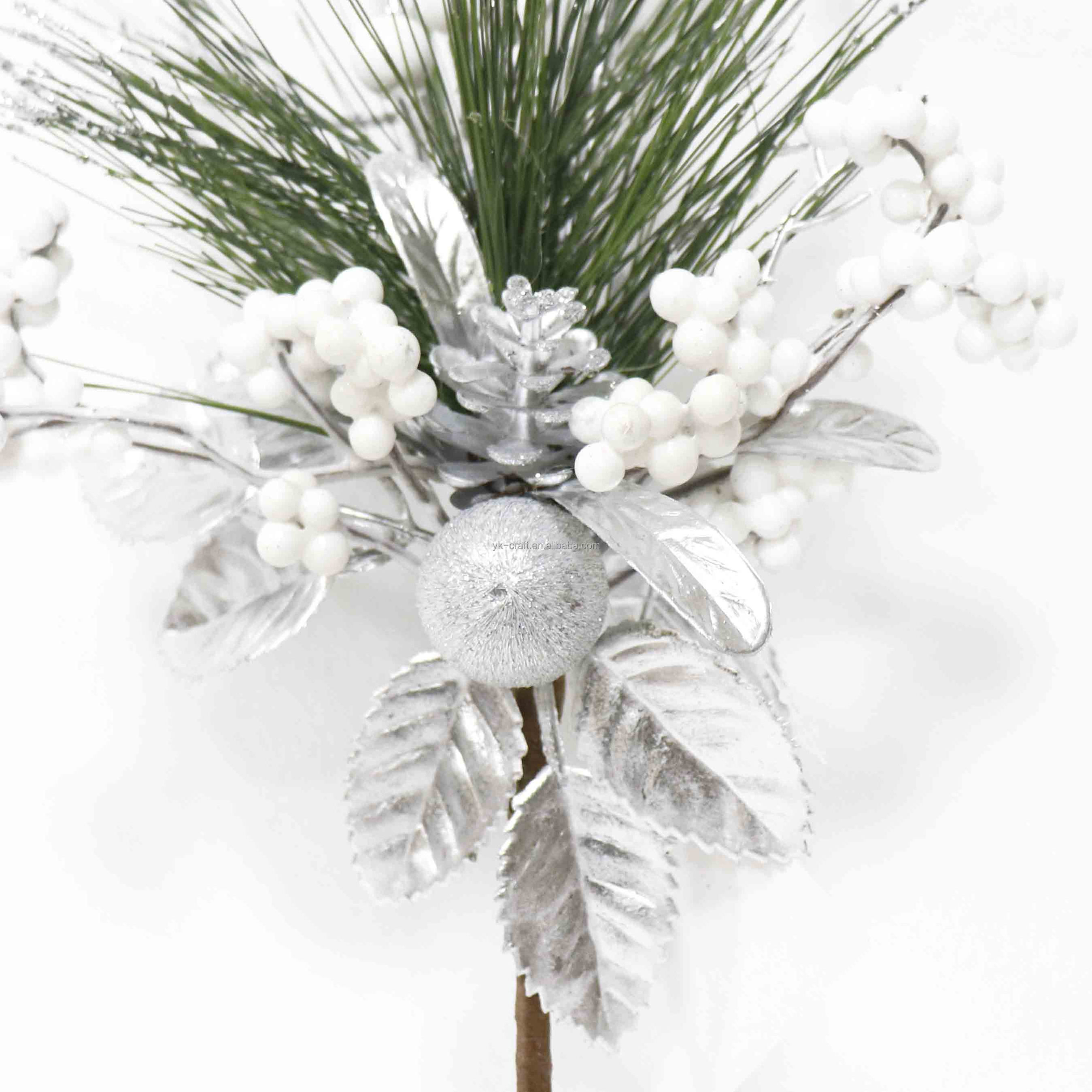 Wholesale Silver Branches Picks White Berry Christmas Spray Pine Needle Pick Spray Glitter