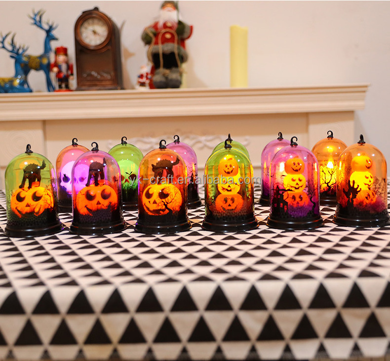 Wholesale Halloween Bell Jar Lamp Decoration Scary Halloween Bell Jar With Led Lights Pumpkin Skullshape Cat Candle Lantern