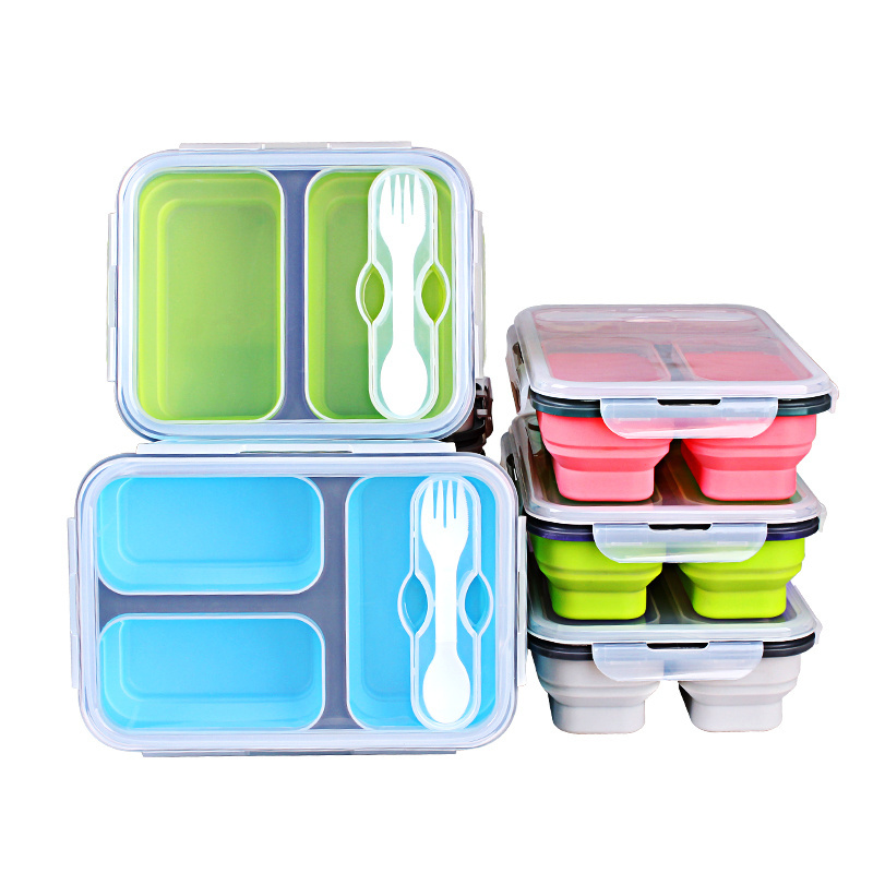 Leak-Proof Silicone Lunch Box Container Dishwasher Safe Silicone 3 Compartment Lunch Box With Locking Lid