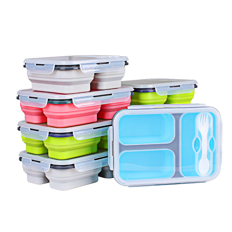 Leak-Proof Silicone Lunch Box Container Dishwasher Safe Silicone 3 Compartment Lunch Box With Locking Lid