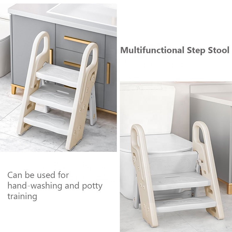 Convertible Three Steps Plastic Kids Folding Step Stool with Handles and Safety Non-Slip Pads