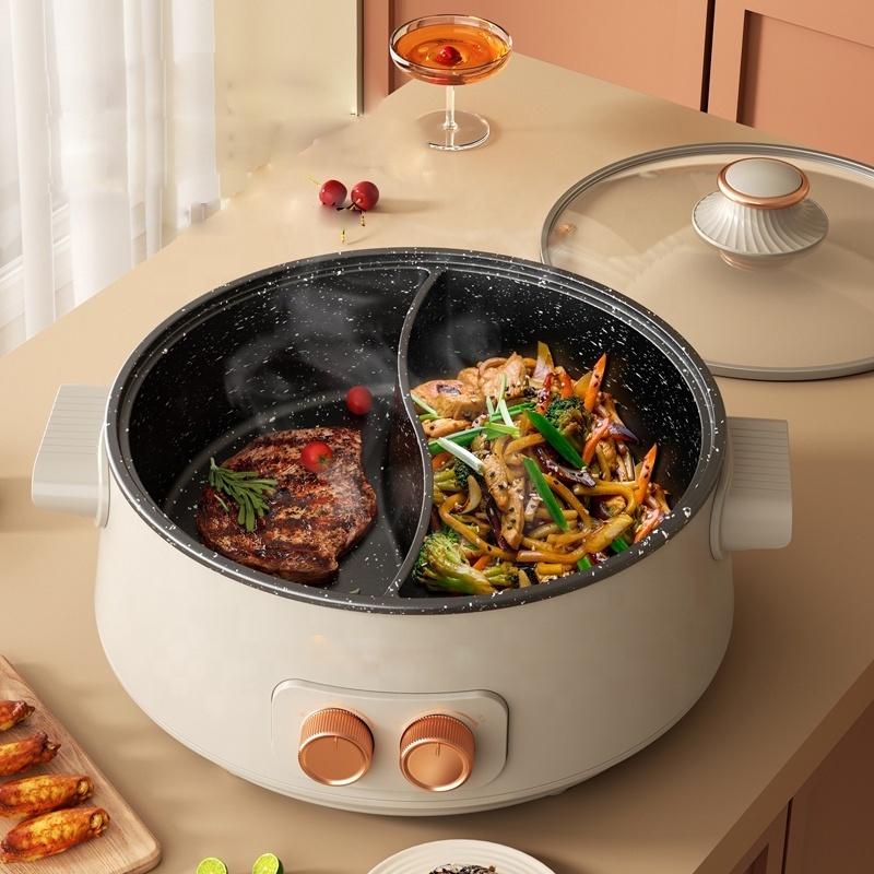 Double knobs control hot pot electric boil stew fry roast multi purpose cooker high power fast electric hot pot