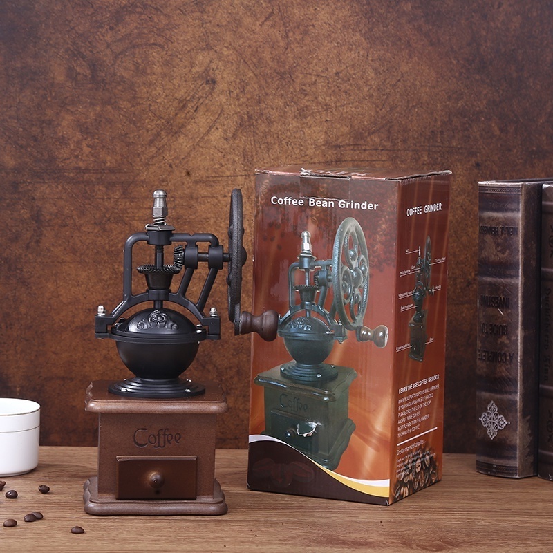 Vintage Style Wooden Grinder Antique Cast Iron Roller Coffee Mill Hand Crank Manual Coffee Grinder