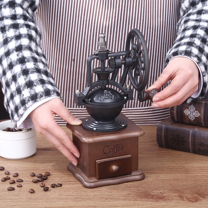 Vintage Style Wooden Grinder Antique Cast Iron Roller Coffee Mill Hand Crank Manual Coffee Grinder