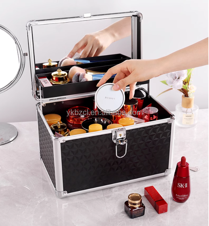 Makeup Train Case Portable Metal Cosmetic Box with 1-Tray for Girls Women Make Up Kit Nail Craft Kit Tools Organizer