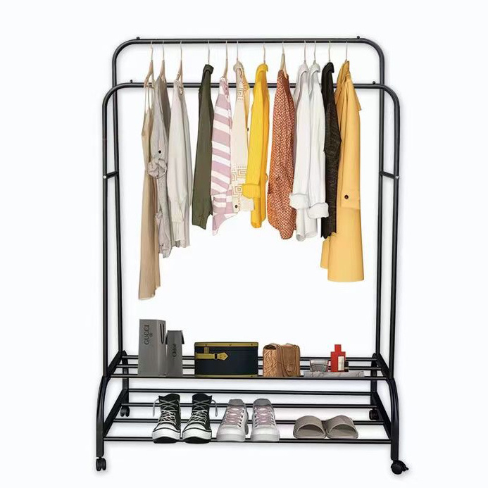 China Supplier Coat Rack Freestand Metal Bedroom Double Pole Floor Coat Stand Rack