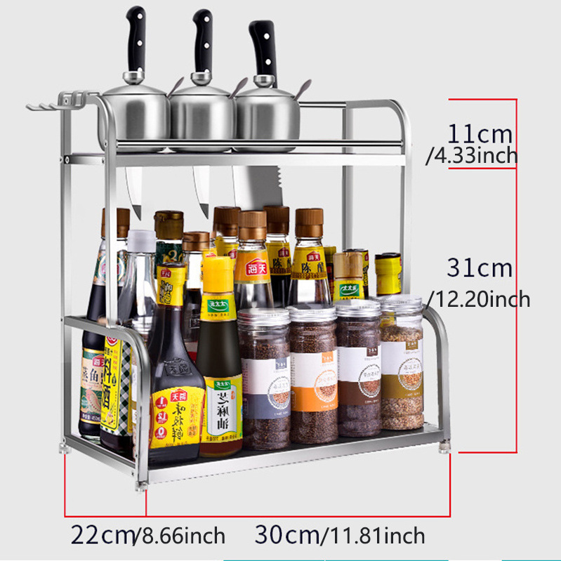 Oem Factory Kitchen Organizer Shelf 6 Hooks 2 Tier Space Saver Kitchen Storage Rack Shelf