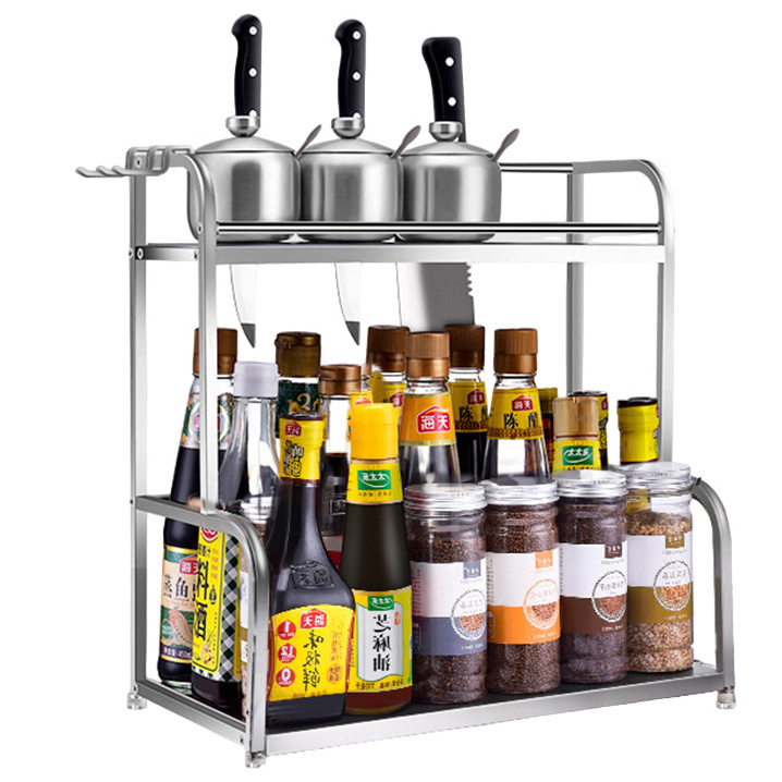 Oem Factory Kitchen Organizer Shelf 6 Hooks 2 Tier Space Saver Kitchen Storage Rack Shelf