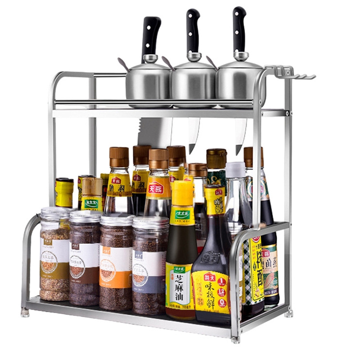 Oem Factory Kitchen Organizer Shelf 6 Hooks 2 Tier Space Saver Kitchen Storage Rack Shelf