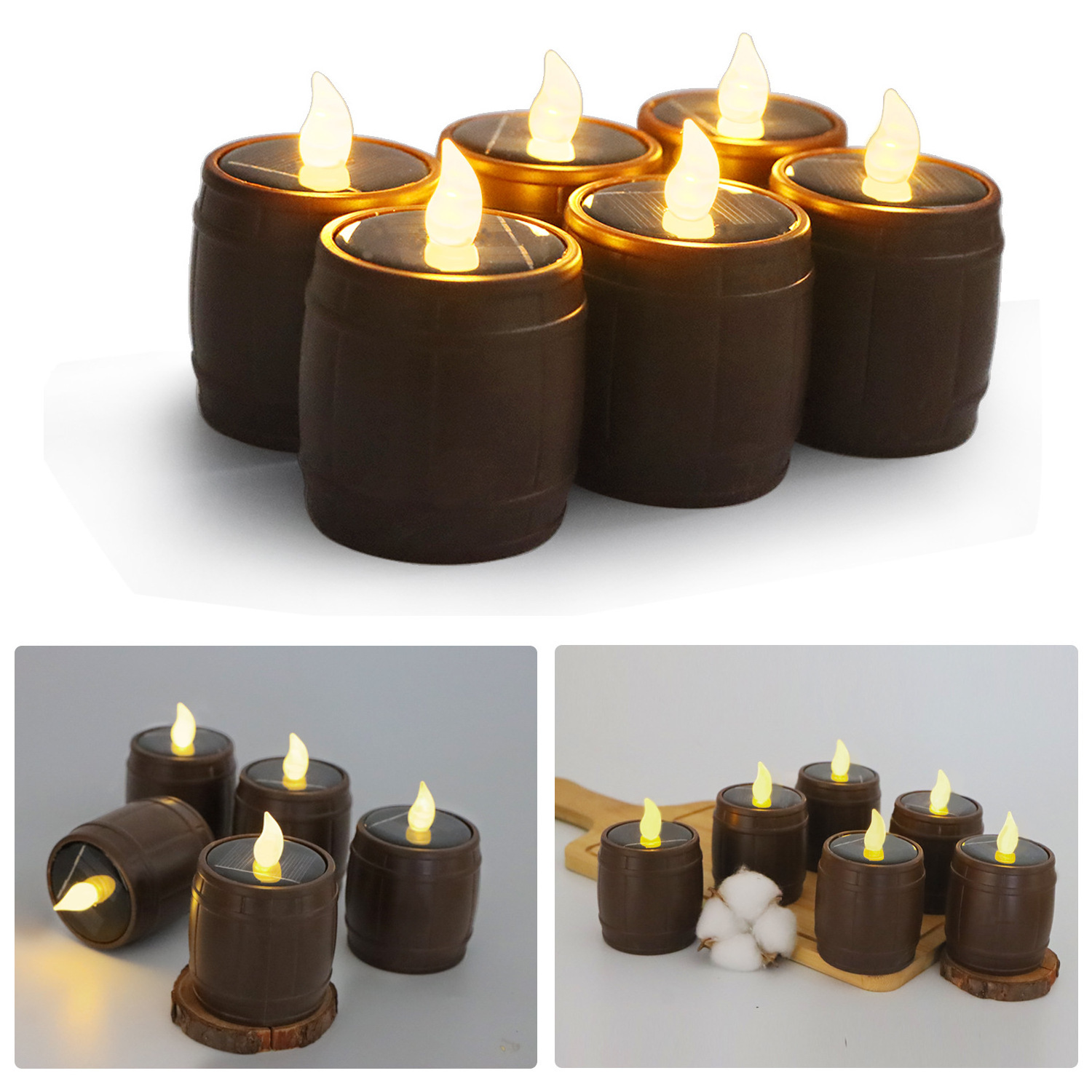 Home Garden Decoration Outdoor Waterproof Solar Powered Wine Barrel Solar Tea Light Candles For Bars Halloween Decor