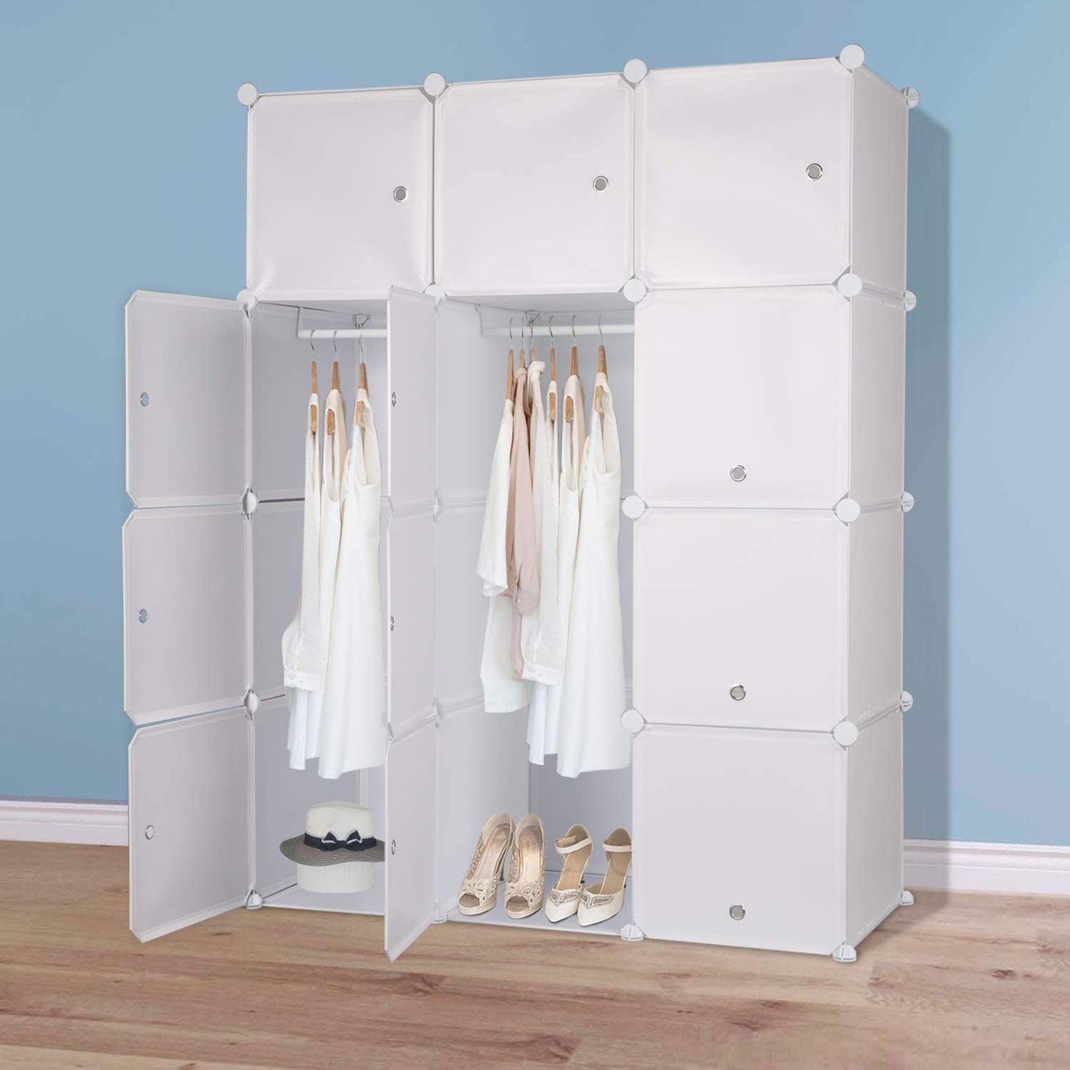 DIY Portable Wardrobe with Hanging Rod, Plastic Modular Cabinet Combination Armoire for Space Saving