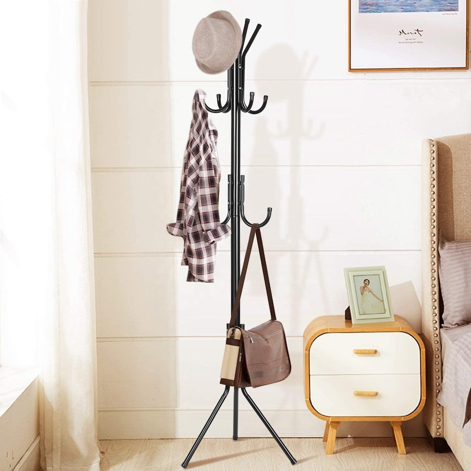 Folding Standing Black Coat Rack 11 Hooks Hanger Holder Hooks for Dress Jacket Hat and Umbrella Tree Stand Base Metal