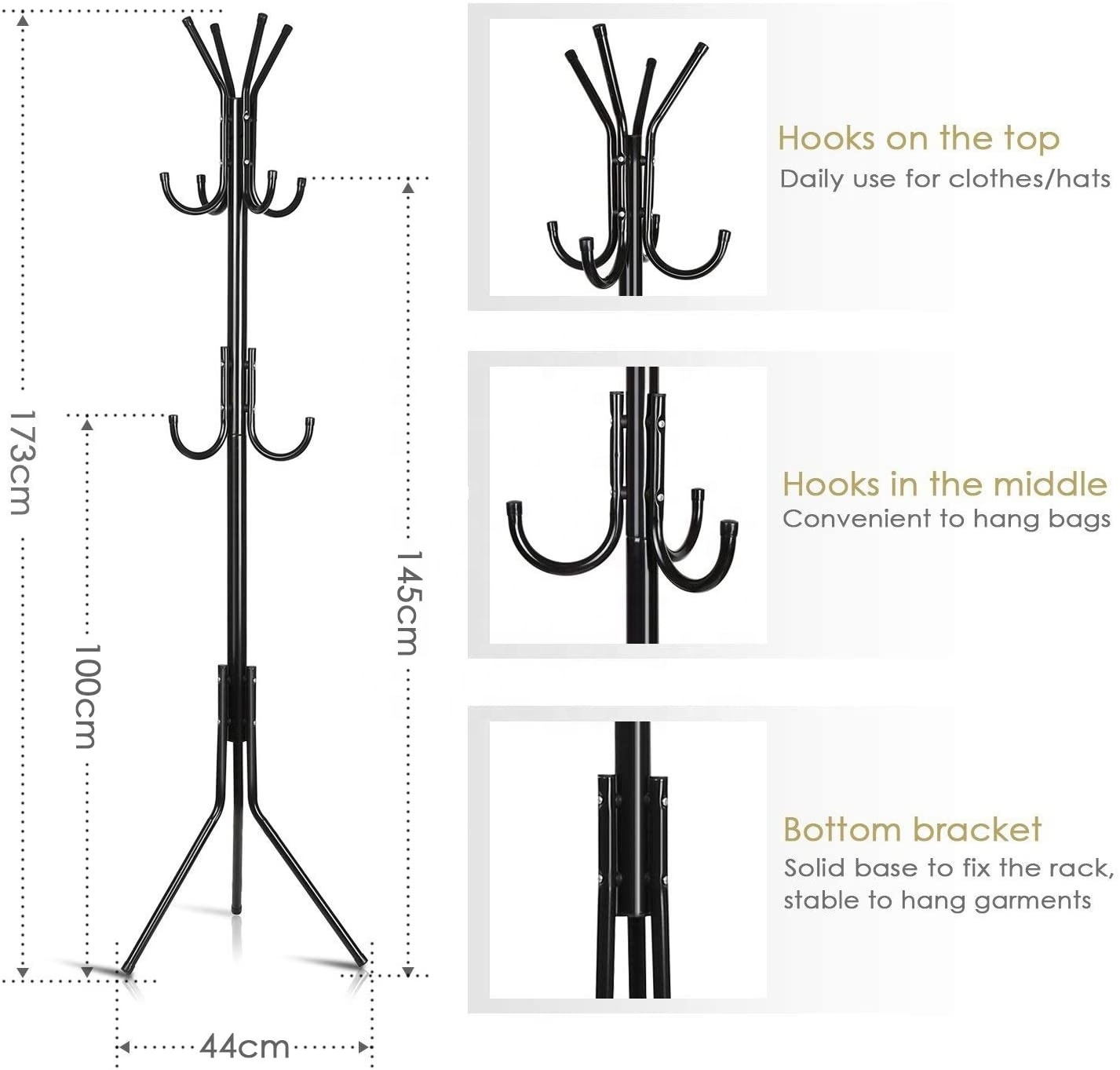 Folding Standing Black Coat Rack 11 Hooks Hanger Holder Hooks for Dress Jacket Hat and Umbrella Tree Stand Base Metal