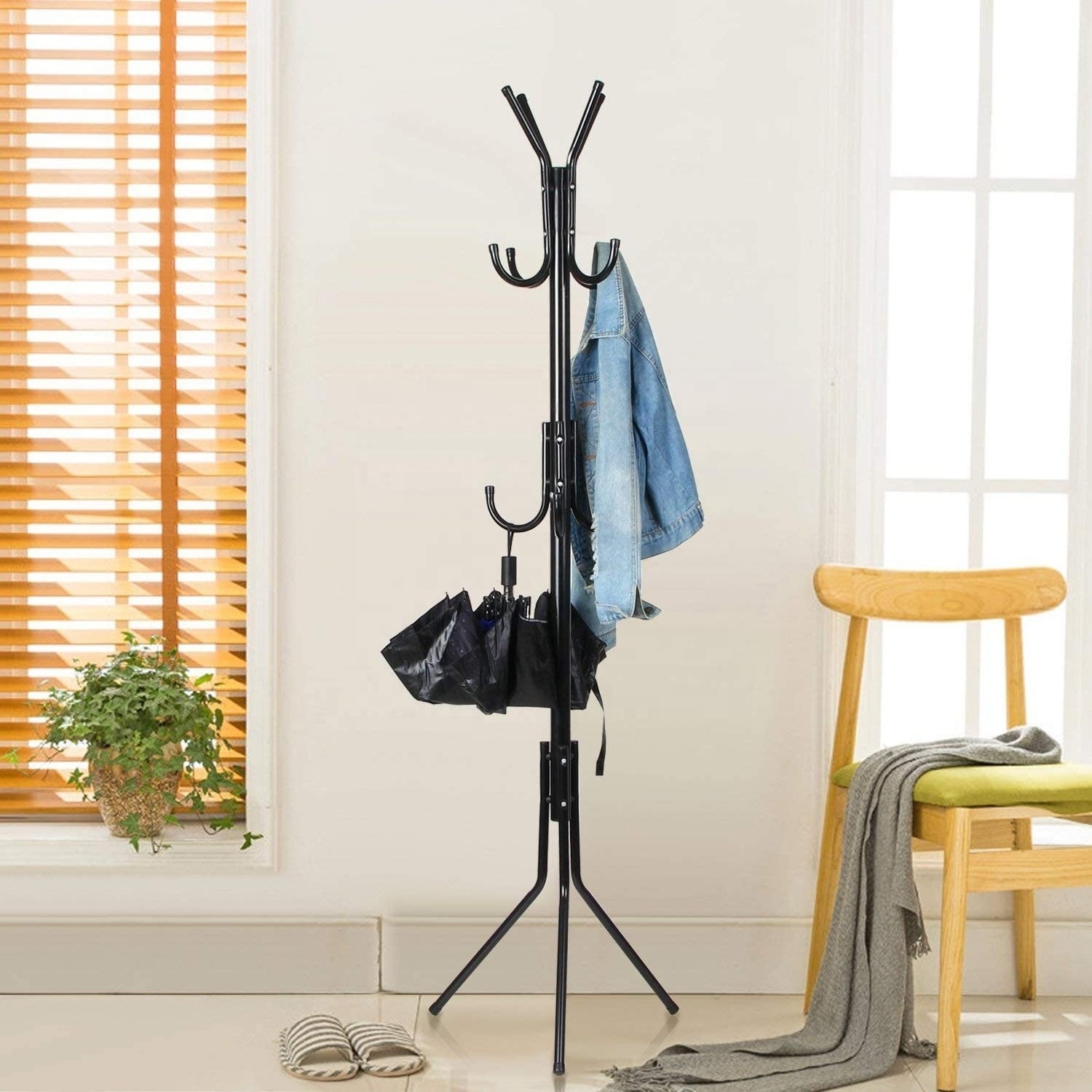 Folding Standing Black Coat Rack 11 Hooks Hanger Holder Hooks for Dress Jacket Hat and Umbrella Tree Stand Base Metal