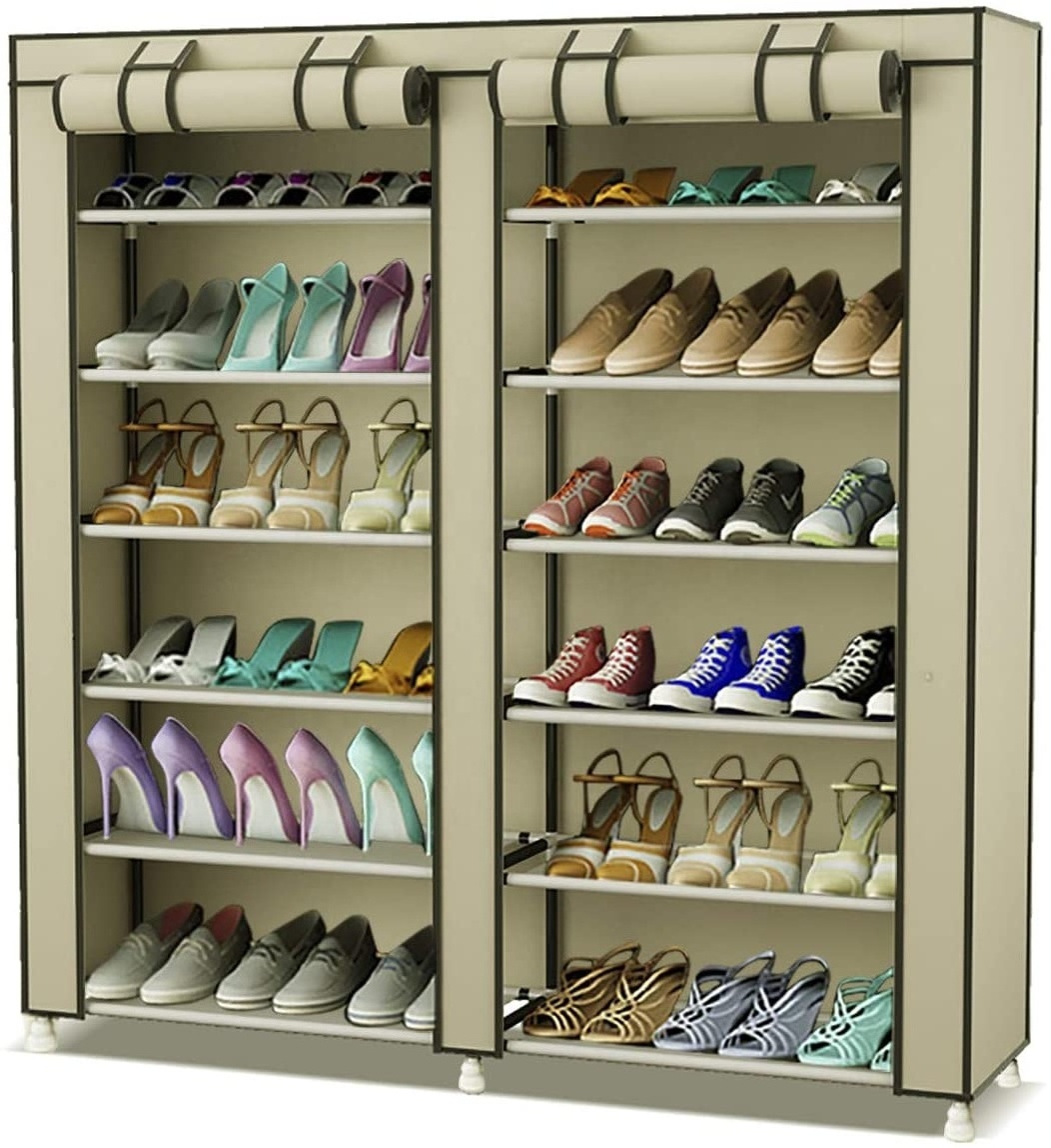 Non Woven Fabric 7 Tier 36 Pairs Portable Shoe Display Rack Adjustable Multi Tier Double Row Shoe Rack For Sale