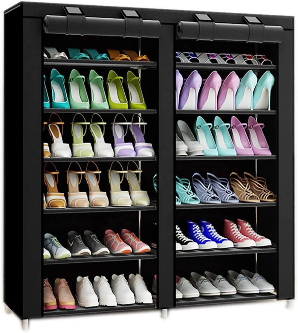 Non Woven Fabric 7 Tier 36 Pairs Portable Shoe Display Rack Adjustable Multi Tier Double Row Shoe Rack For Sale