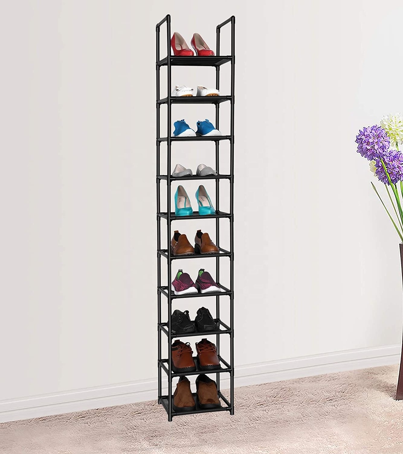 10 Tiers Storage Organizer Foldable Shoe Rack Space Saving Vertical Single Pairs Sturdy Portable Steel Shoes Rack