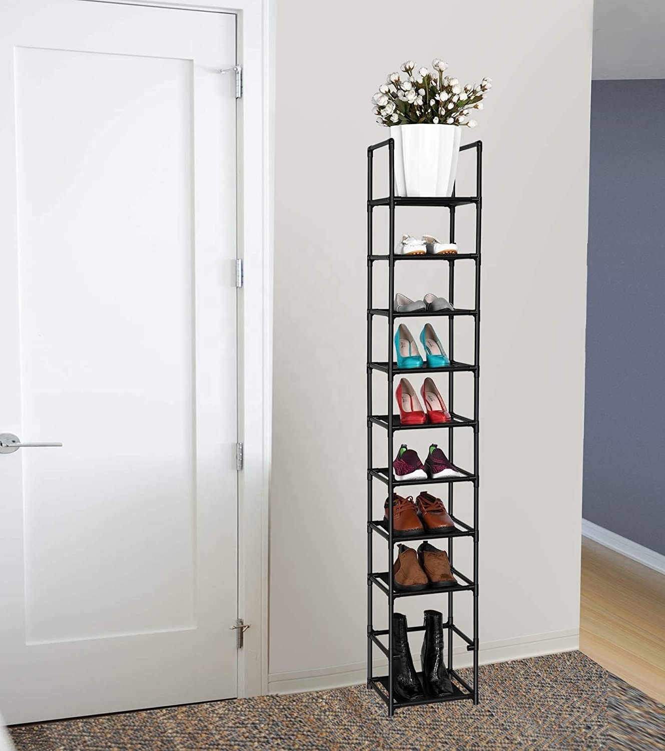 10 Tiers Storage Organizer Foldable Shoe Rack Space Saving Vertical Single Pairs Sturdy Portable Steel Shoes Rack