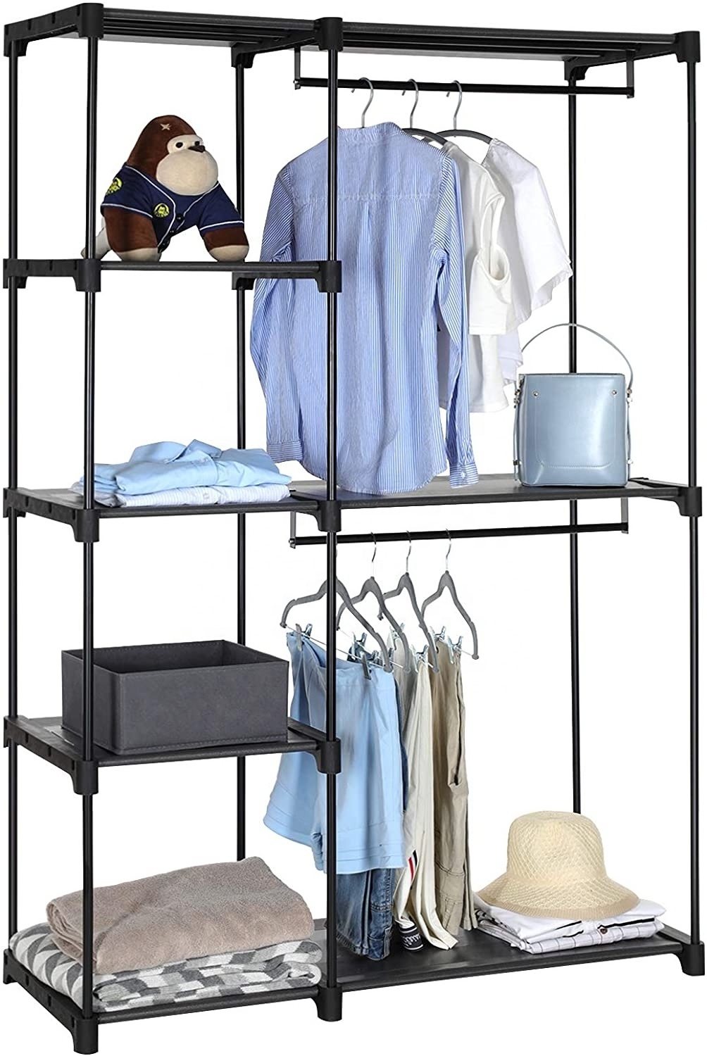 Freestanding Closet Organizer, Portable Wardrobe with Hanging Rods, Clothes Rack Storage Organizer