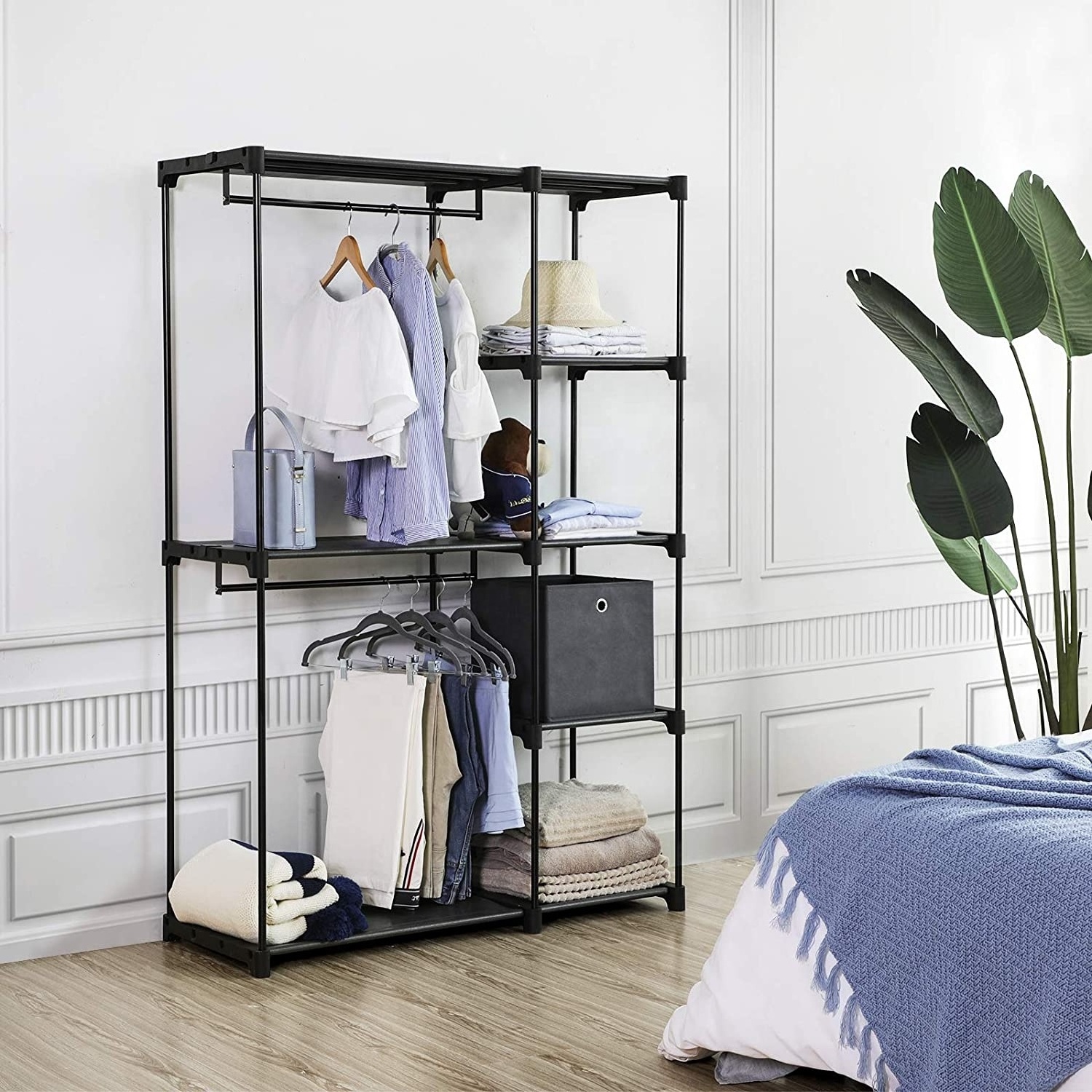 Freestanding Closet Organizer, Portable Wardrobe with Hanging Rods, Clothes Rack Storage Organizer