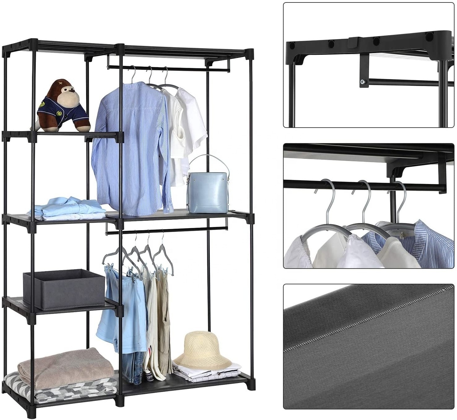 Freestanding Closet Organizer, Portable Wardrobe with Hanging Rods, Clothes Rack Storage Organizer