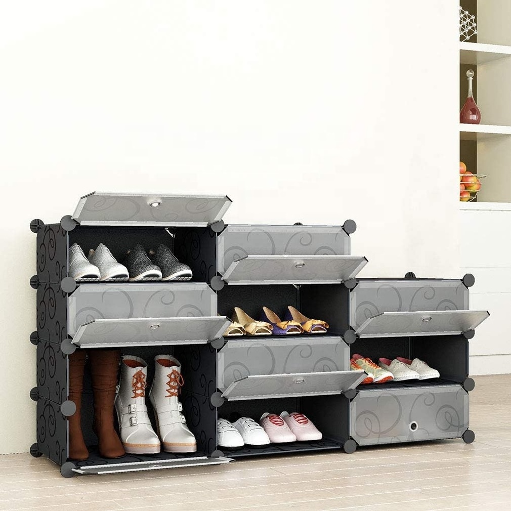 Portable Shoe Rack 12 Cubes Storage Organizer Plastic Shoe Box Storage System with Doors, Shoes,Accessories