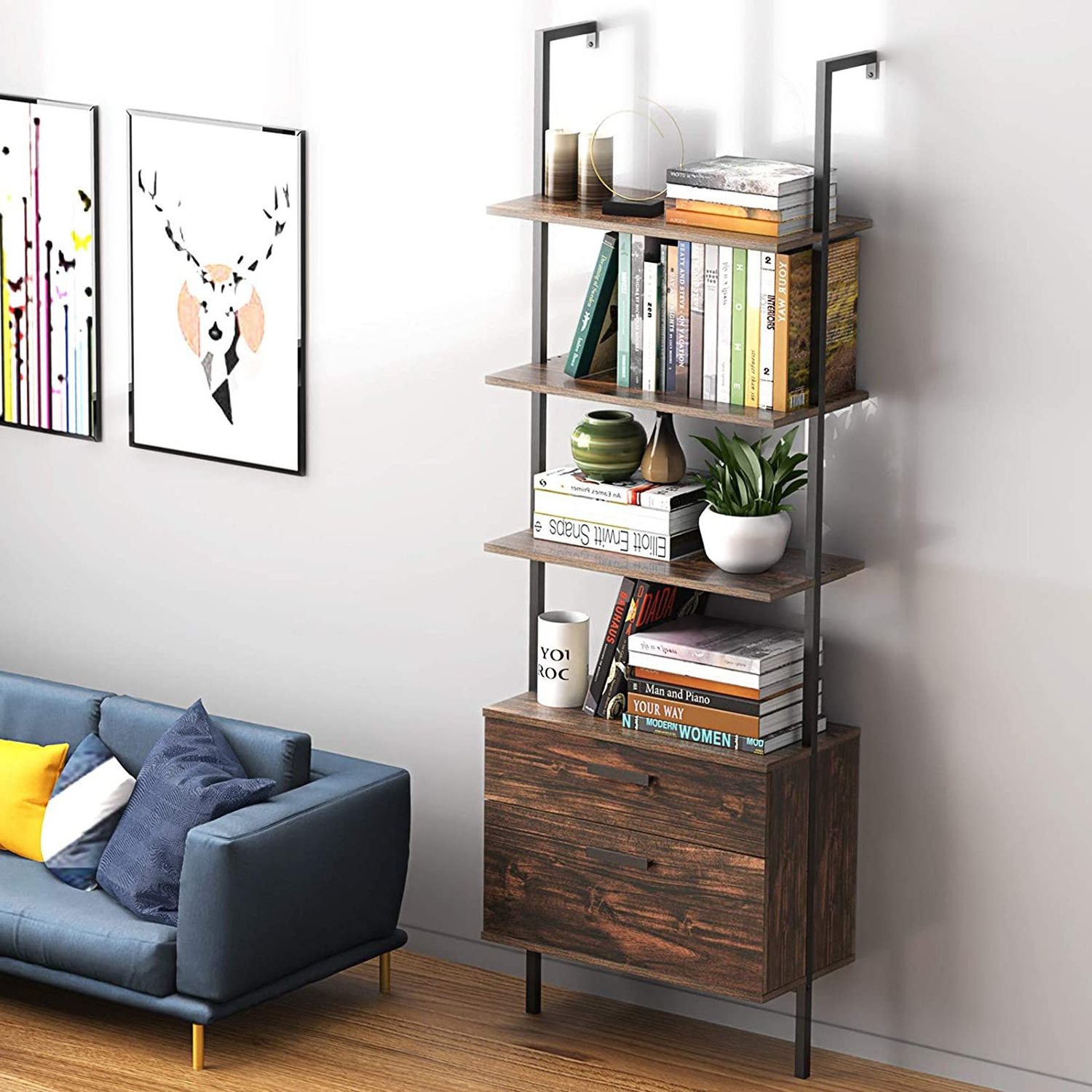 Industrial Ladder Shelf with Drawers 3-Tier Wall Mounted Bookcase Open Bookshelf Wood Storage Rack with Metal Frame