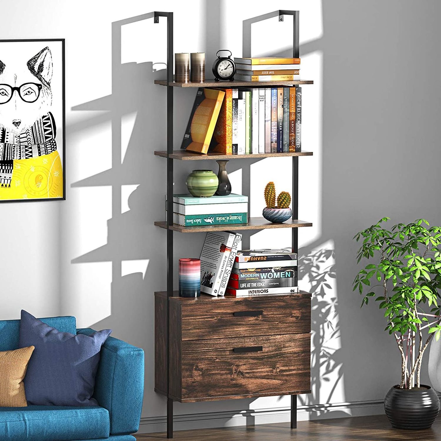 Industrial Ladder Shelf with Drawers 3-Tier Wall Mounted Bookcase Open Bookshelf Wood Storage Rack with Metal Frame