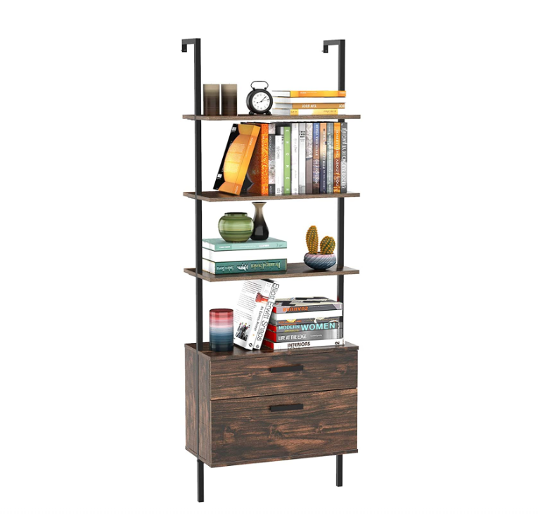 Industrial Ladder Shelf with Drawers 3-Tier Wall Mounted Bookcase Open Bookshelf Wood Storage Rack with Metal Frame