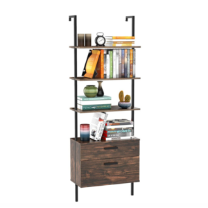 Industrial Ladder Shelf with Drawers 3-Tier Wall Mounted Bookcase Open Bookshelf Wood Storage Rack with Metal Frame