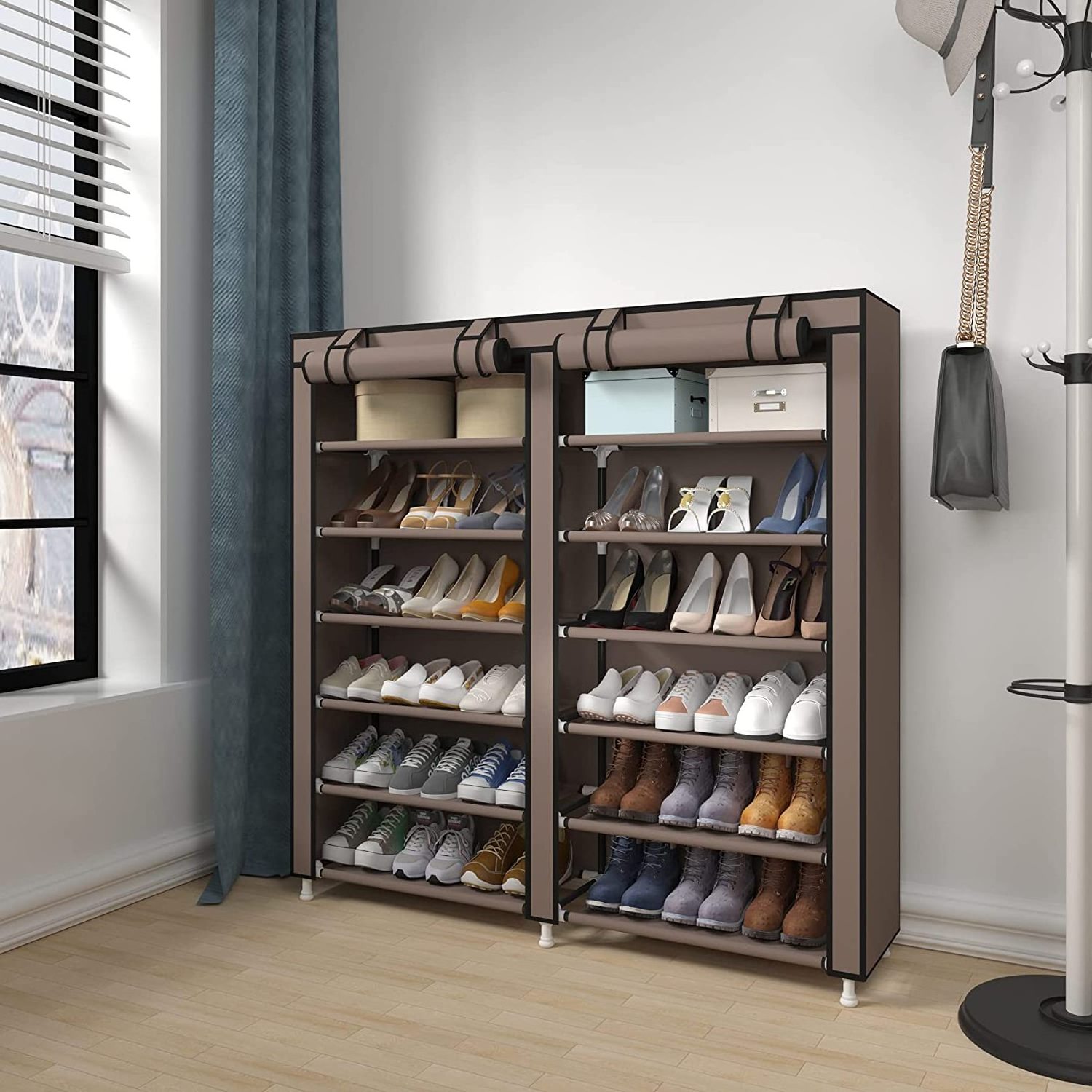 Shoe Rack Free Standing Shoe Cabinet Storage Shelf Holder with Non-Woven Fabric Dustproof Cover,Large Closet Shoe Tower