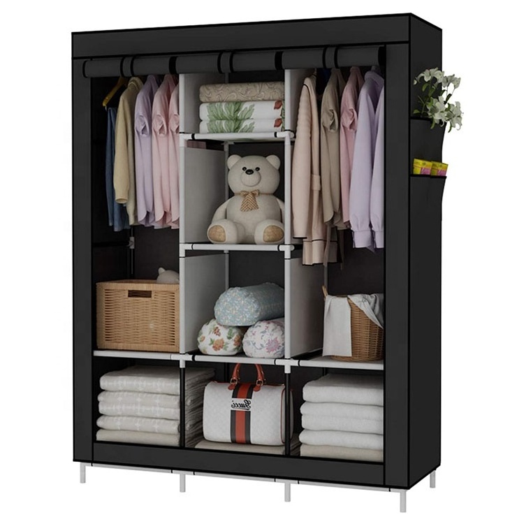 Portable Non Woven Canvas Kids Wardrobe Bedroom Furniture Storage Clothes Steel Hanger Wardrobe With Shoe Rack