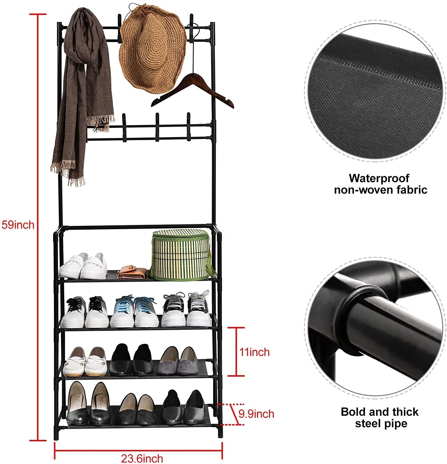 Entryway Coat Rack Hall Tree Shoe Bench 3 in 1 Design Metal Storage Rack with Bag Coat Hat Umbrella Shoe Rack