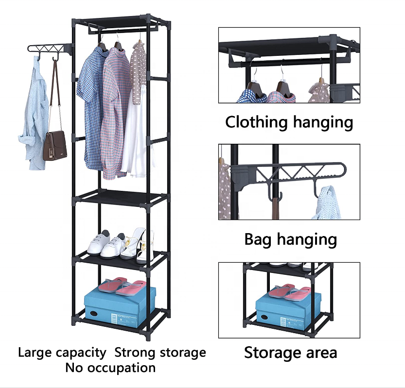 Freestanding Multifunctional Garment Rack and Shoe Clothing Organizer Shelves  Closet with Hooks