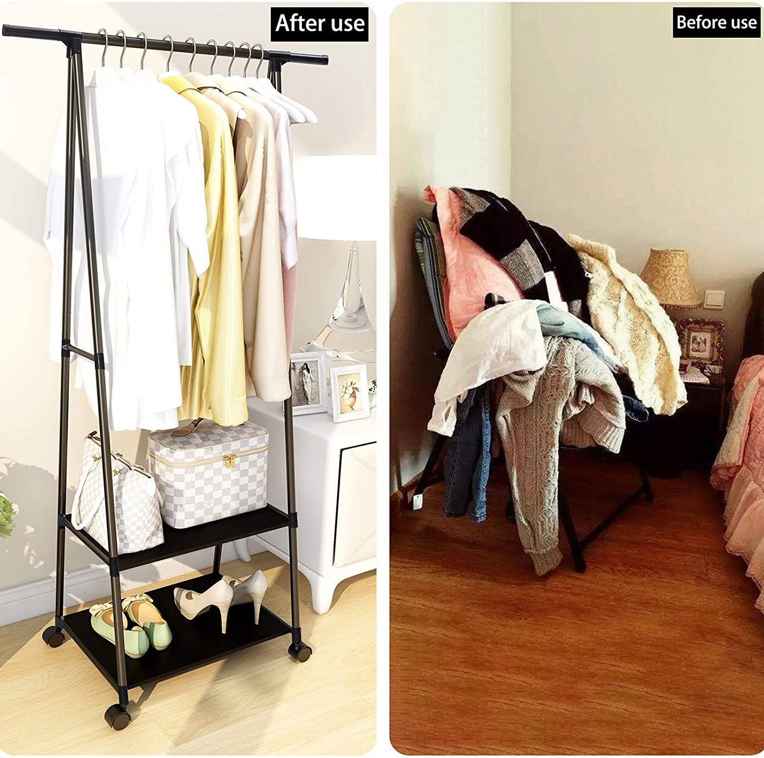 Clothes Rack Small Metal Garment Rack with Shelves for Hanging Clothes on Wheels