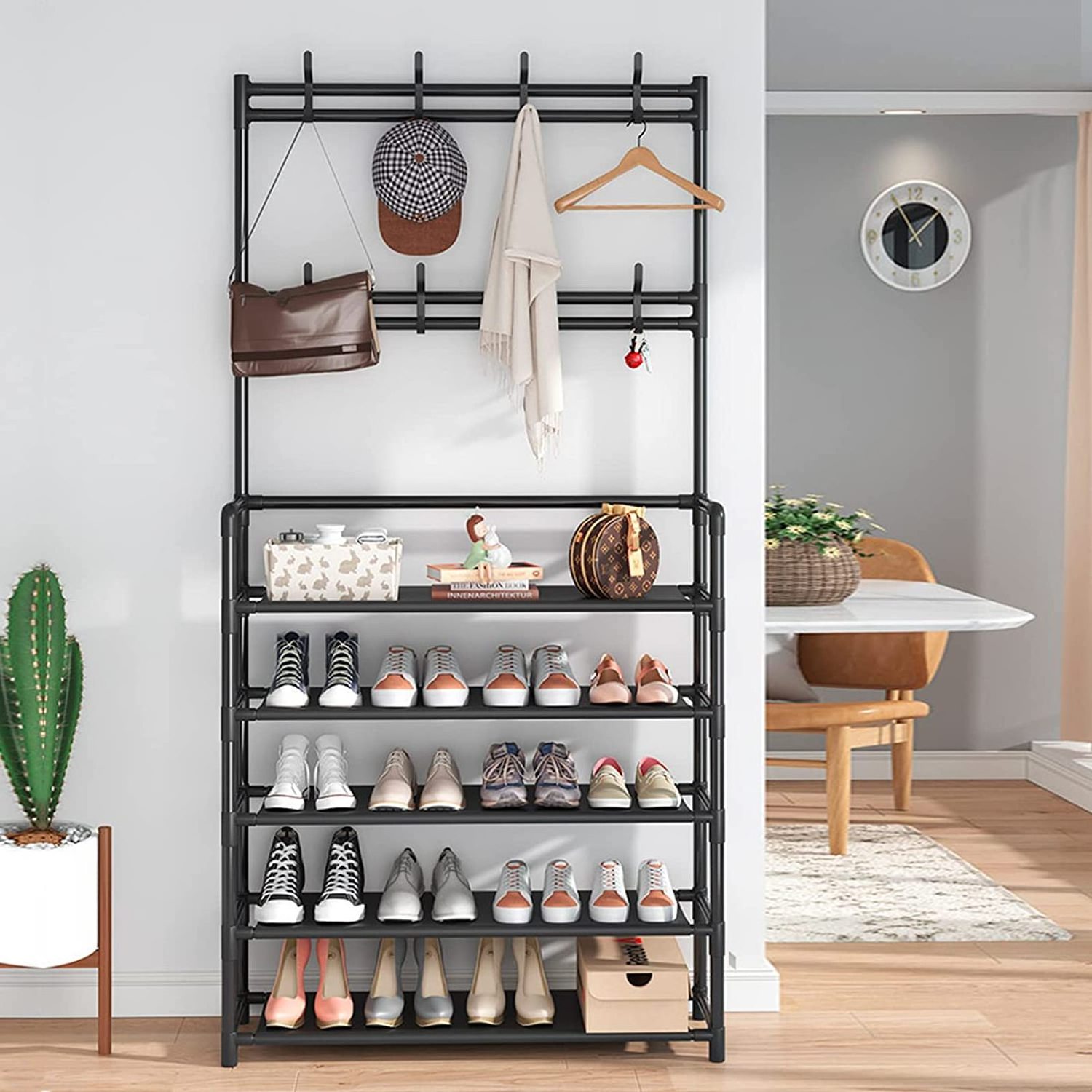 4 Tier Coat Rack Hall Tree Shoe Rack for Entryway Coat Rack Shoe Bench 3-in-1 Entryway Shoe Storage Organizer Closet