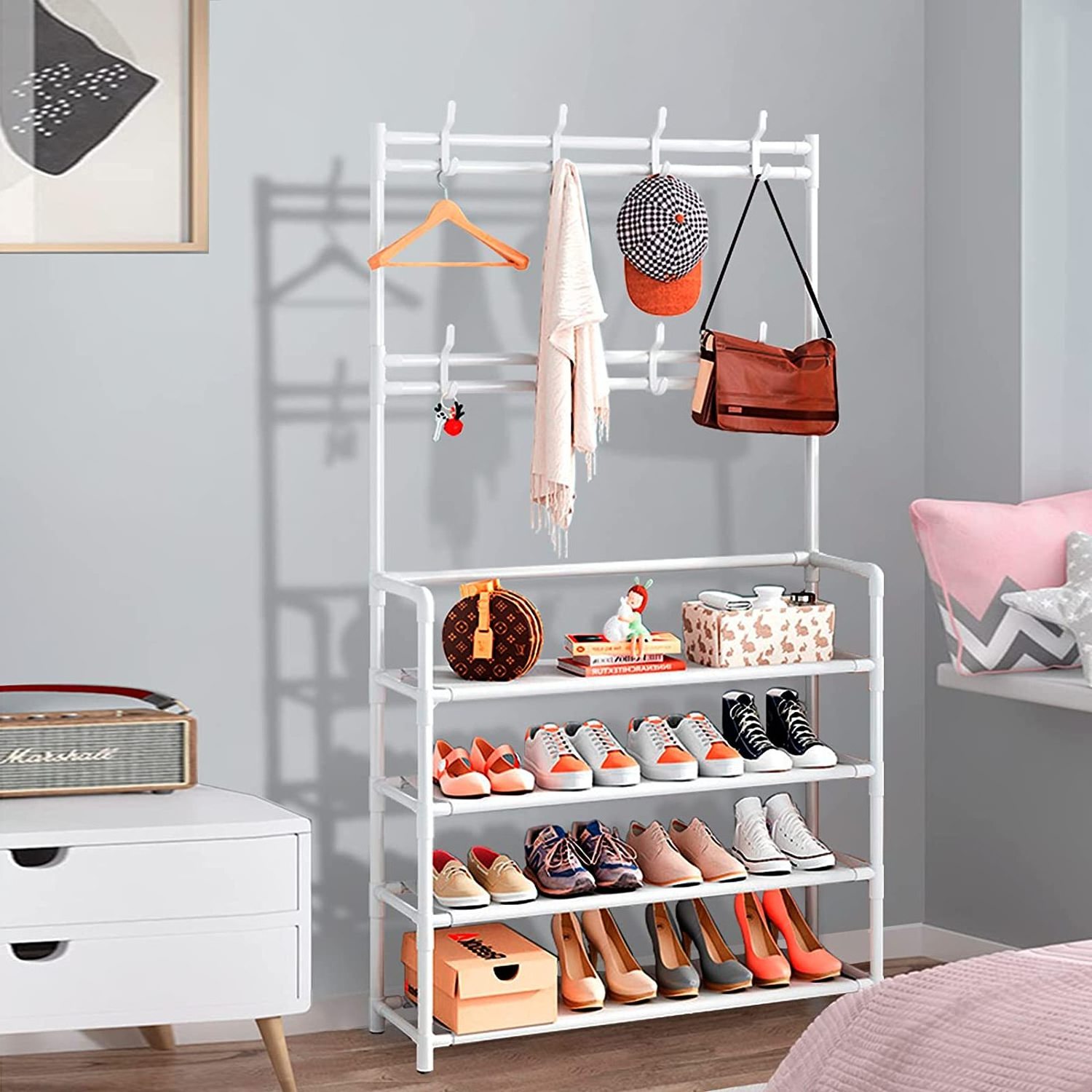 4 Tier Coat Rack Hall Tree Shoe Rack for Entryway Coat Rack Shoe Bench 3-in-1 Entryway Shoe Storage Organizer Closet