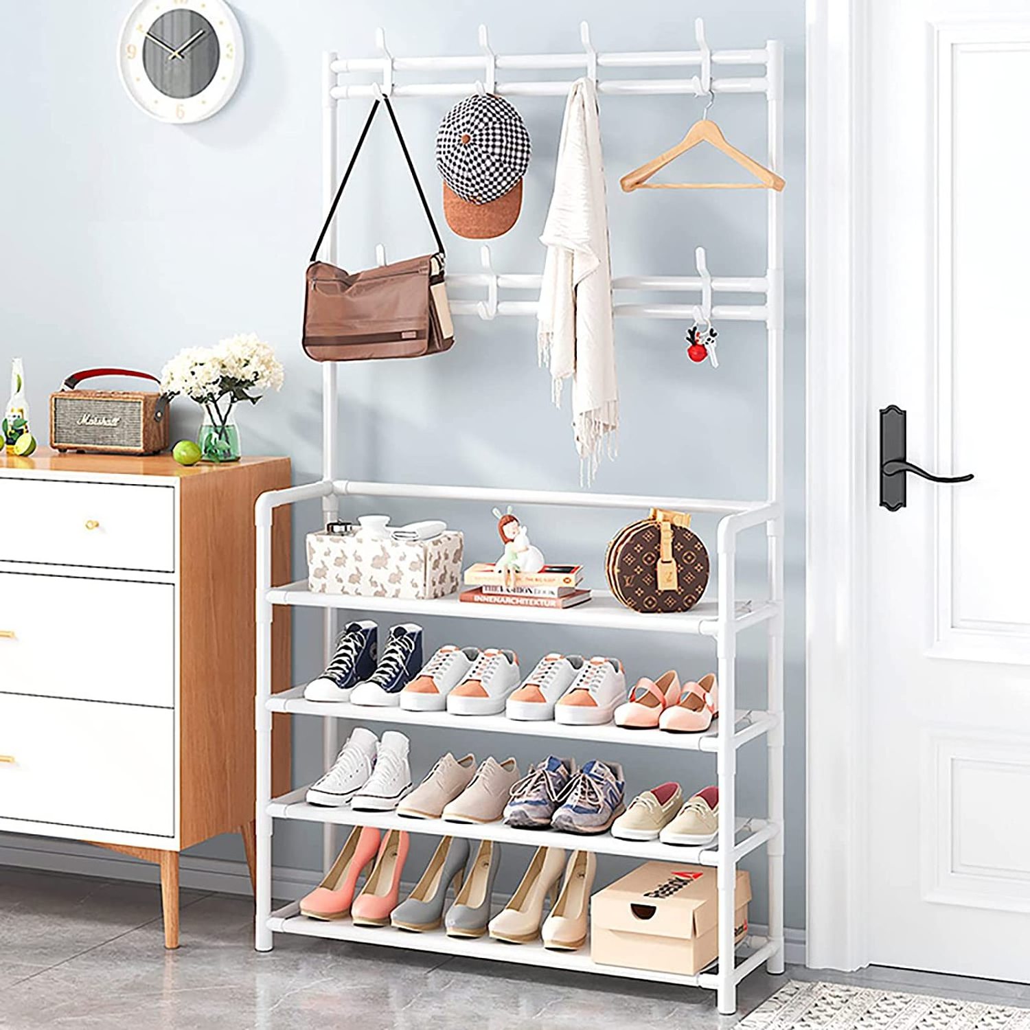 4 Tier Coat Rack Hall Tree Shoe Rack for Entryway Coat Rack Shoe Bench 3-in-1 Entryway Shoe Storage Organizer Closet