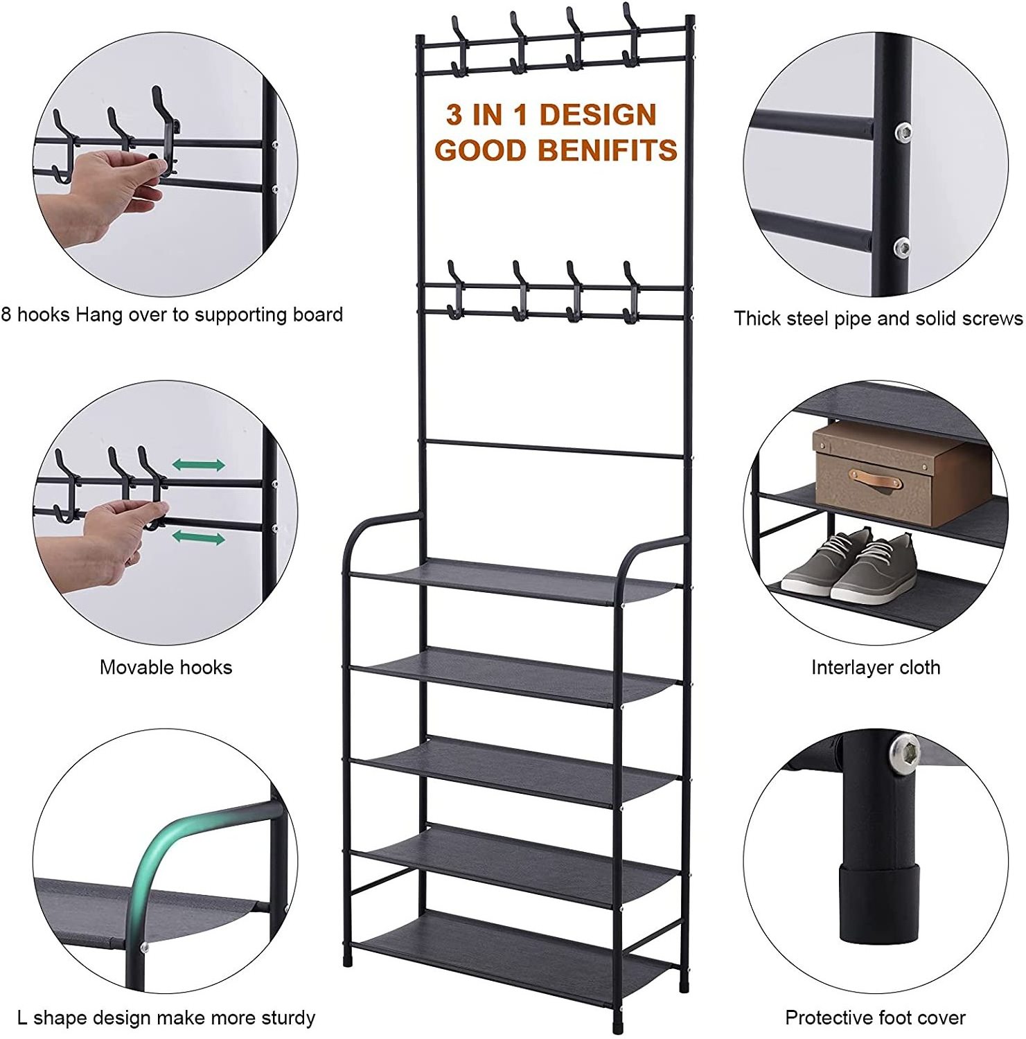 Entryway Coat Rack With Shelf, 3- In- 1 Hall Tree With Shoe Storage, 3- In- 1 Hall Furniture Shoe And Clothes Rack Stand With 8