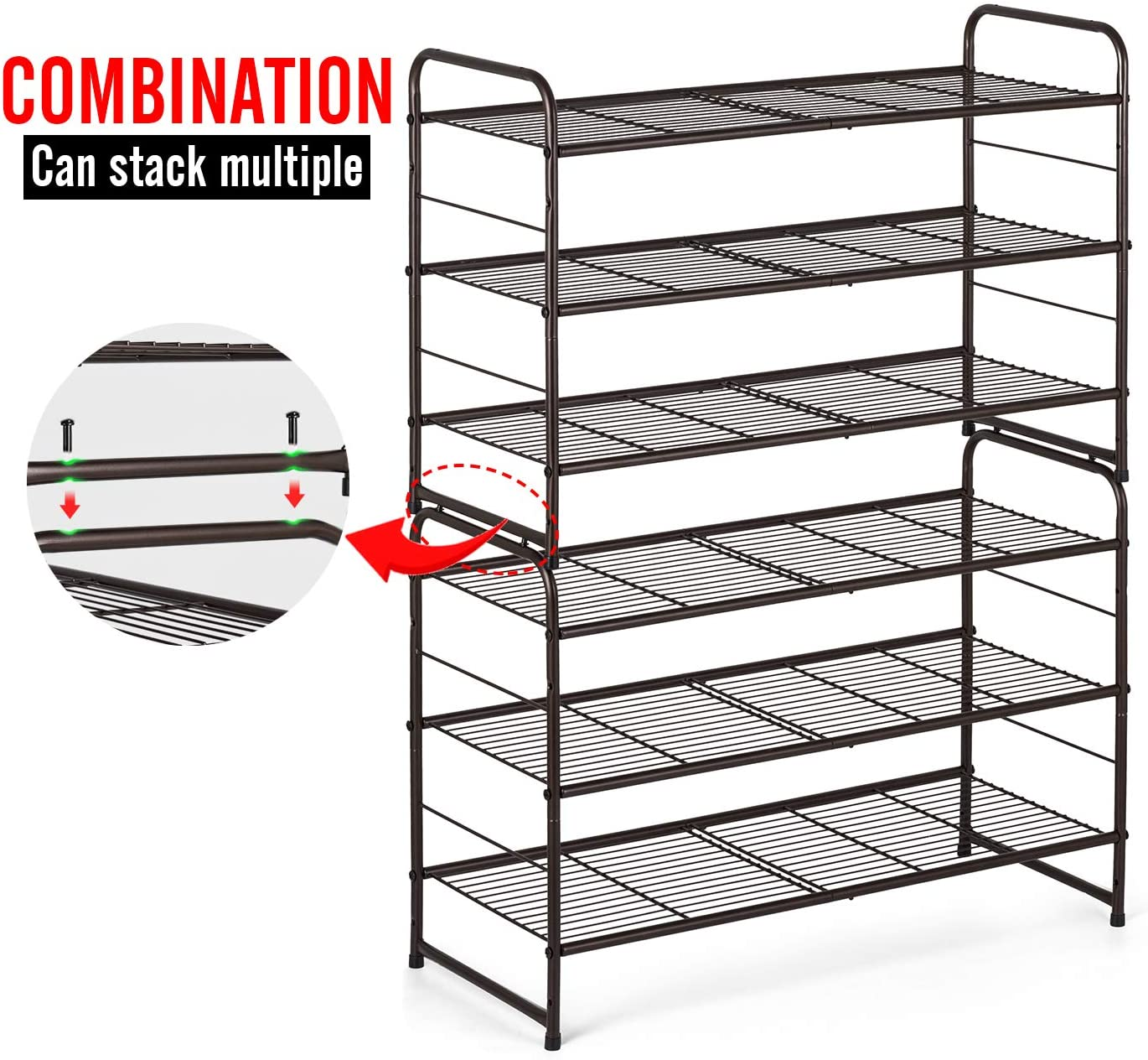 3-Tier Multifunction Wire Grid Stackable And Adjustable Shoe Storage Rack Large Capacity Shoe Display Rack