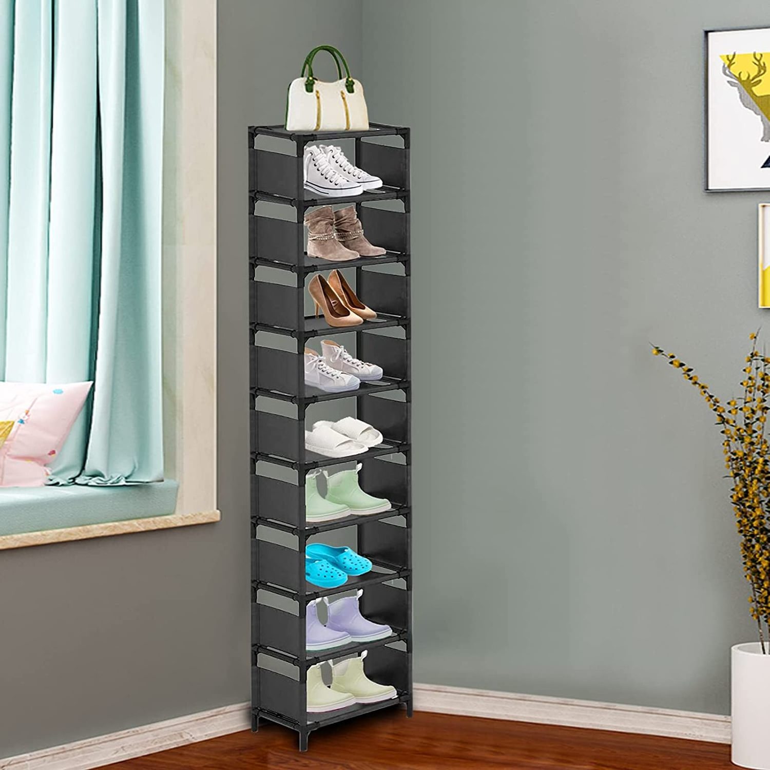 10 Layer Space-Saving Vertical Shoe Rack High Narrow Cabinet Organizer Small Sturdy Shoe Rack