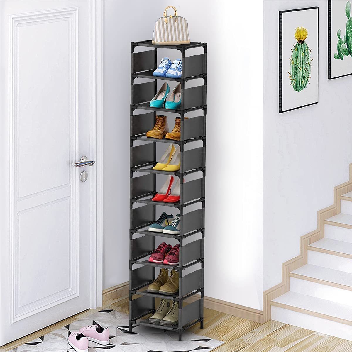 10 Layer Space-Saving Vertical Shoe Rack High Narrow Cabinet Organizer Small Sturdy Shoe Rack